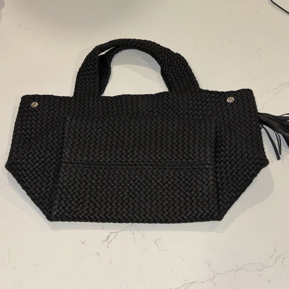 NWOT 120% Lino Italian Black Woven Handbag Mini Tote Logo Tassel